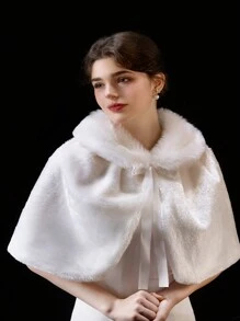 Elegant Fashion Women Bridal Wedding Ceremony Party Outdoor Windproof Warm Fluffy Shawl, Autumn/Winter Warm Plush Shawl - White - View 1