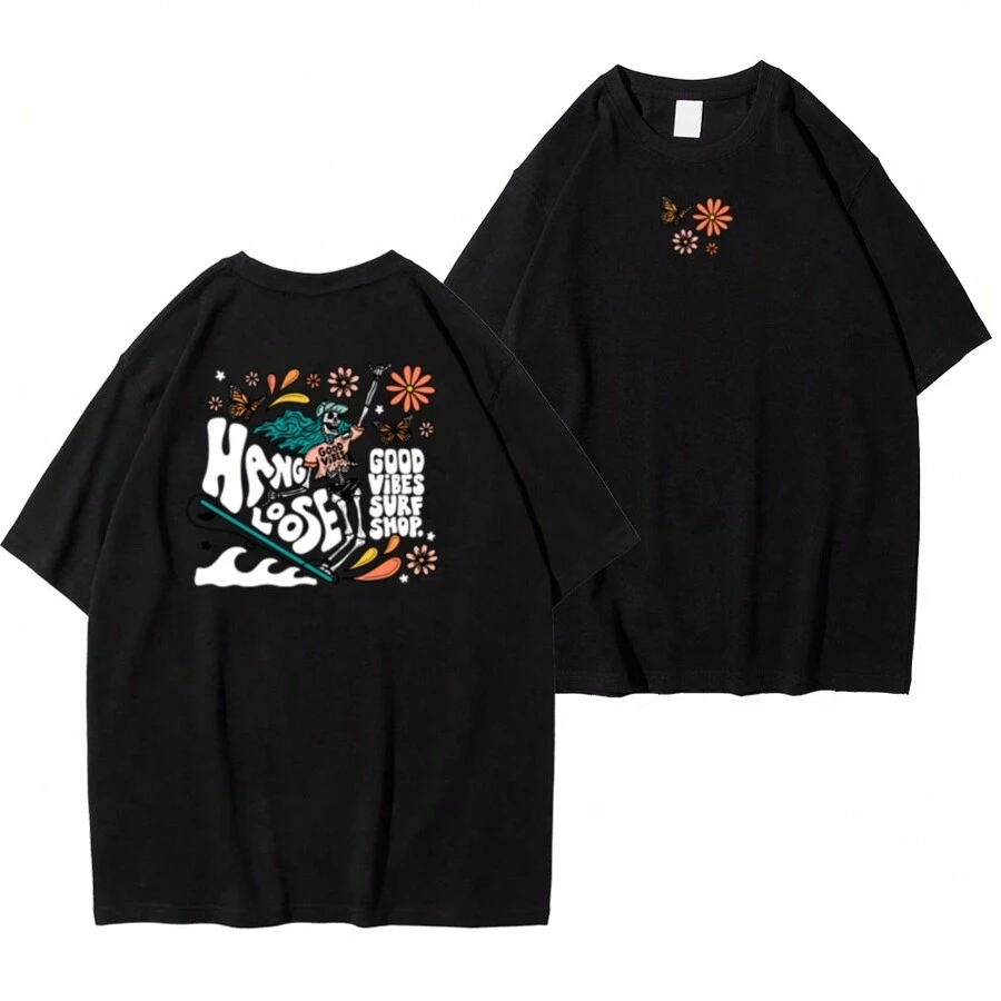 Shirt Basic T-Shirt "Good Vibes Surf Skeleton" - màu đen - Xem 1