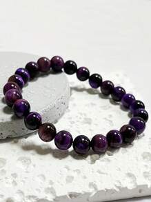 YAUKIA 1 件紫虎眼串珠手链天然石圆珠瑜伽能量手链财富繁荣魅力手链时尚休闲配饰礼物 - 紫色 - 查看 3