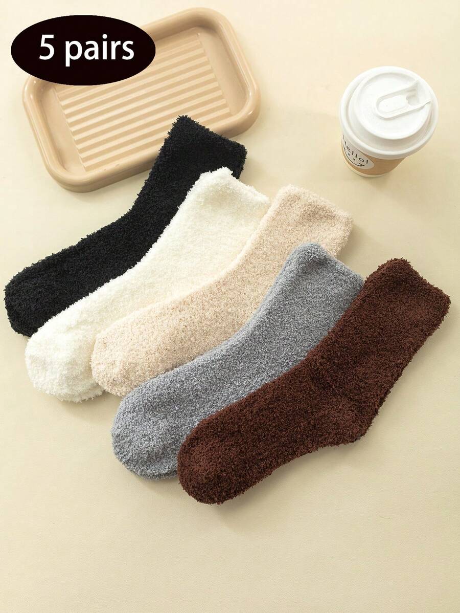 5 Pairs Coral Fleece Crew Socks, Thick Warm Socks For Indoor And Home Use, Winter - Multicolor - View 1