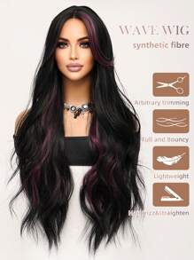 优雅的黑色挑染紫色长款蓬松波浪假发，34英寸，中分刘海，柔软蓬松，采用耐热纤维制成，适合女性日常佩戴、节日聚会、婚礼派对、万圣节、圣诞节、角色扮演、Y2K冬季休闲街头风等场合。 - 挑染紫色 - 查看 6