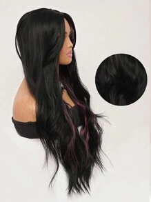 优雅的黑色挑染紫色长款蓬松波浪假发，34英寸，中分刘海，柔软蓬松，采用耐热纤维制成，适合女性日常佩戴、节日聚会、婚礼派对、万圣节、圣诞节、角色扮演、Y2K冬季休闲街头风等场合。 - 挑染紫色 - 查看 7