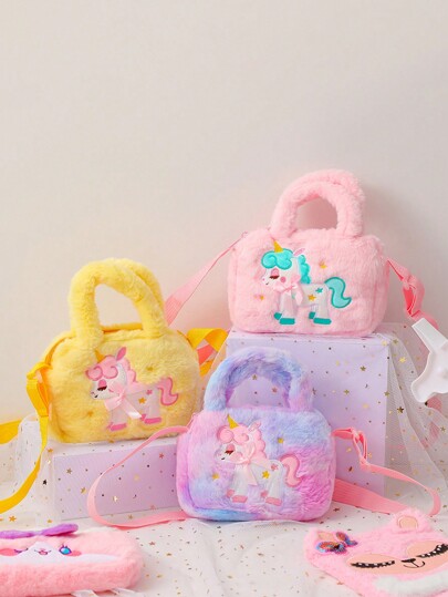 Cartoon Unicorn Plush Shoulder Bag Children's Heart-Shaped Crossbody Bag Girls' Smal Gift