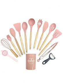 12入組矽膠和木柄炊具套裝帶儲物桶