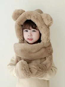 Toddlers' Winter Cute Bear Earflap Hat With Scarf And Gloves 3-In-1, Thermal Lined Windproof Kids Hat, Unisex - Solid Color Ears Plush Three-piece Hat - View 20