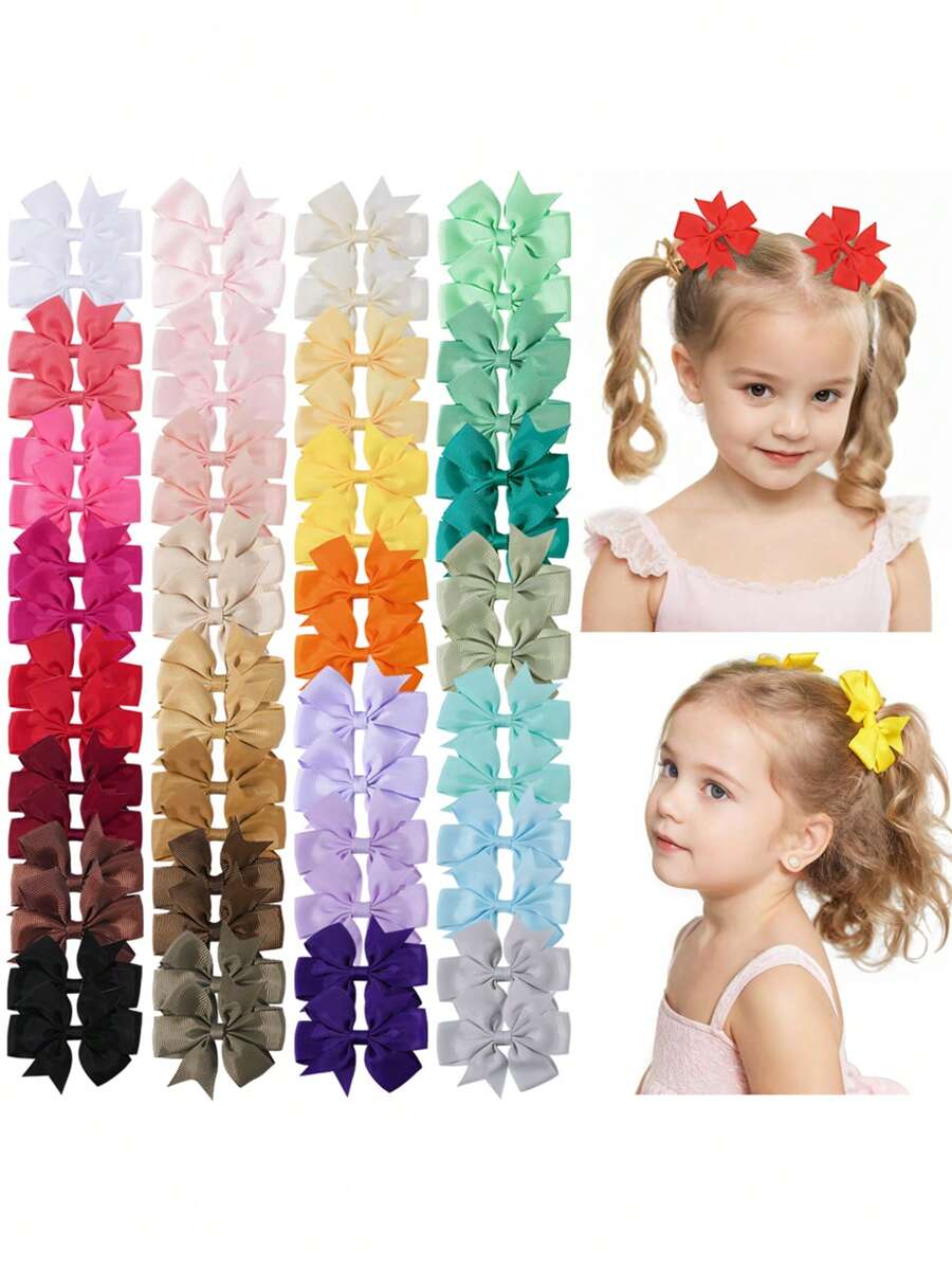 50个糖果色缎带风车发夹，适合女婴、幼儿蝴蝶结发夹，生日礼物，1对随机颜色