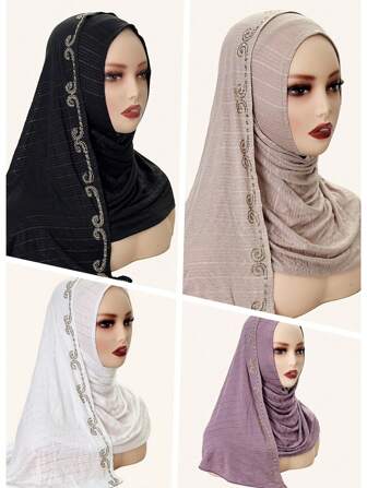 1pc Women's Elastic Soft Elegant Head Scarf, Polyester Rhinestone Long Shawl Headwear Versatile For All Seasons'
