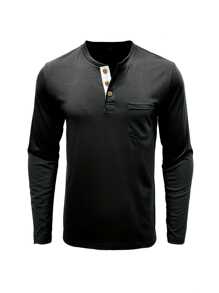 Plus Size Men Spring And Autumn Long Sleeve T-Shirt, Casual Henley Top, Fall - Black - View 3