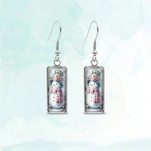 SeuSuk 1 对圣诞雪人与花朵吊坠耳环，派对风格矩形玻璃镶嵌吊坠耳环 - 新款 - 查看 2