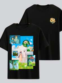 Anime T-Shirt The Wind Rises Short Sleeve Blouse Japanese Retro T-Shirt Old 1927 Love Manga Basic Shirt 100% Cotton Geek - 黑色 - 查看 1