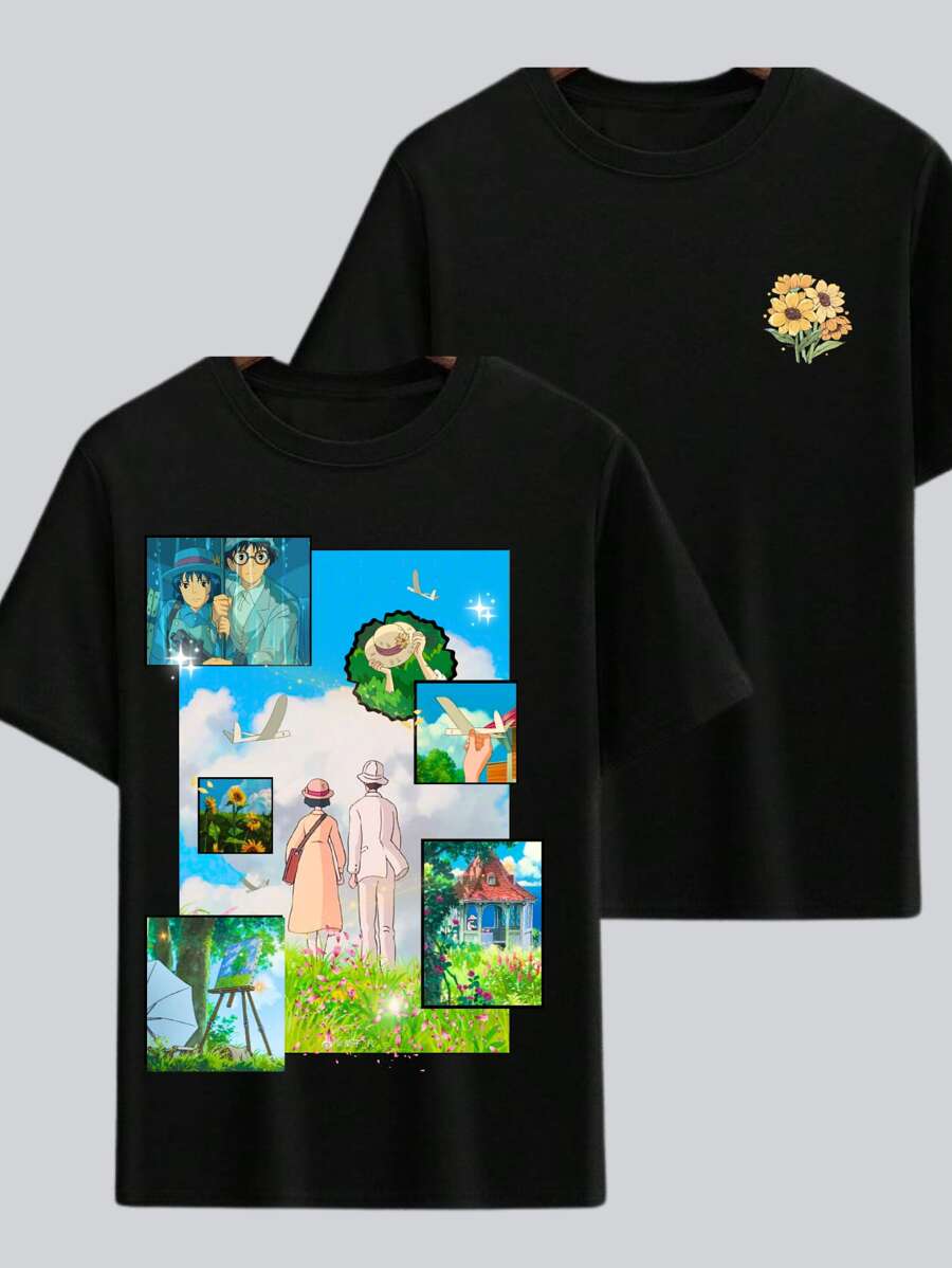 Anime T-Shirt The Wind Rises Short Sleeve Blouse Japanese Retro T-Shirt Old 1927 Love Manga Basic Shirt 100% Cotton Geek - 黑色 - 查看 1