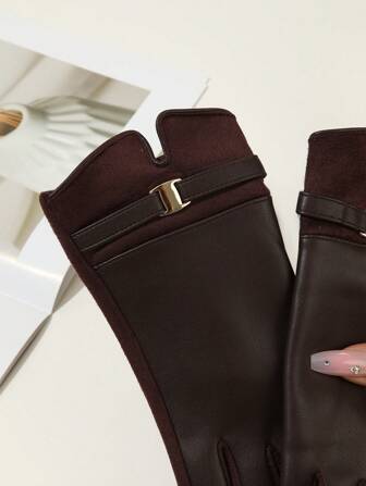 1 双优雅纯色休闲 PU 铆钉女士手套，成熟户外运动休闲，秋冬季