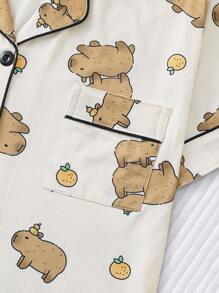 2 件套女士水豚印花睡衣套装，舒适翻领短袖上衣和宽松松紧腰裤，休闲户外/室内纯色家居睡衣和家居服