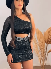 One-Sleeved Cropped Party Set With Sequins And Short Skirt - màu đen - Xem 2