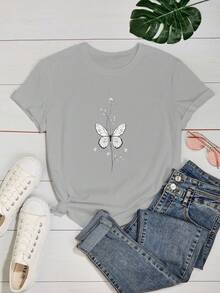 Women's Minimalist Cute White Butterfly Print T-Shirt - Xám - Xem 3