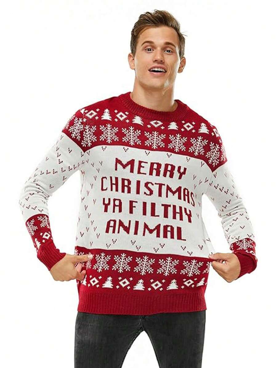 Áo len dệt kim họa tiết chữ Giáng sinh thường ngày cho nam, Thu/Đông - Nhiều màu - Xem 1