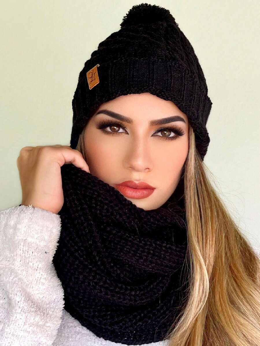 Knit Set Hat And Scarf Infinity Soft Wool Winter Fashion - màu đen - Xem 1