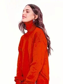 Women's Red Turtleneck Loose Pullover Sweater, Suitable For Christmas - Orange - View 6