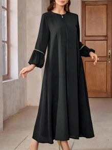 Women's Solid Color Patchwork Long Sleeve Simple Arabian Style Casual Dress, Everyday Wear, Modest - Black - View 1