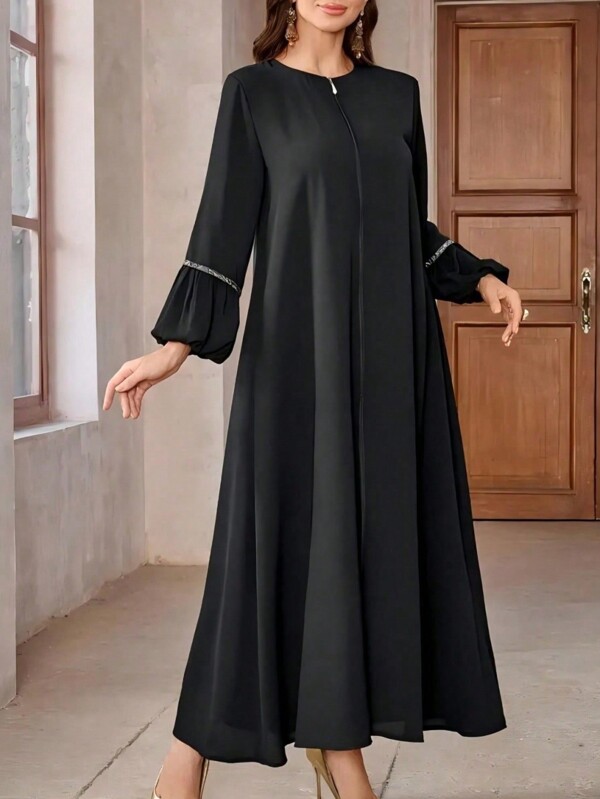 Vestido casual feminino de manga comprida com patchwork de cor sólida, estilo árabe simples, uso diário, modesto