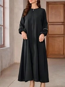 Women's Solid Color Patchwork Long Sleeve Simple Arabian Style Casual Dress, Everyday Wear, Modest - Black - View 2