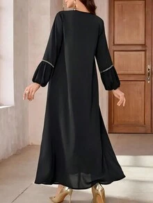 Women's Solid Color Patchwork Long Sleeve Simple Arabian Style Casual Dress, Everyday Wear, Modest - Black - View 4