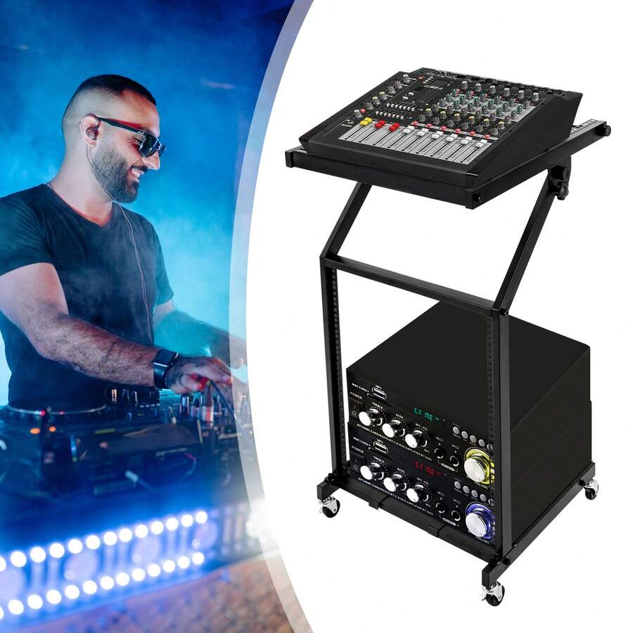 12U Mixer Case Stand Rolling Rack Mount DJ Studio Equipment Cart Stage Amp - 黑色 - 查看 1