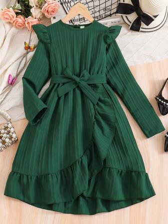 青少年女孩纯色纹理面料荷叶边连衣裙（配腰带）