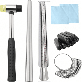 1 件/6 件金属戒指测量套装，含珠宝锤、橡胶锤、手指测量木环、不锈钢戒指弯曲杆、戒指塑形棒、戒指规、小橡胶锤、字母/数字钢印、珠宝修理工具包（颜色随机）