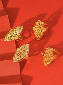 1pc Dubai & Gold-Plated Square Ring With Hollow Out Floral & Wide Band, Gift & Luxurious Lady Gift In Gold Color - Gold - View 21