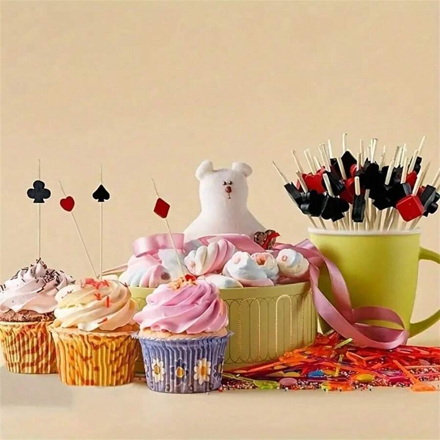 100pcs/Set Poker Fruit Picks, Creative Disposable Bamboo Fruit Cocktail