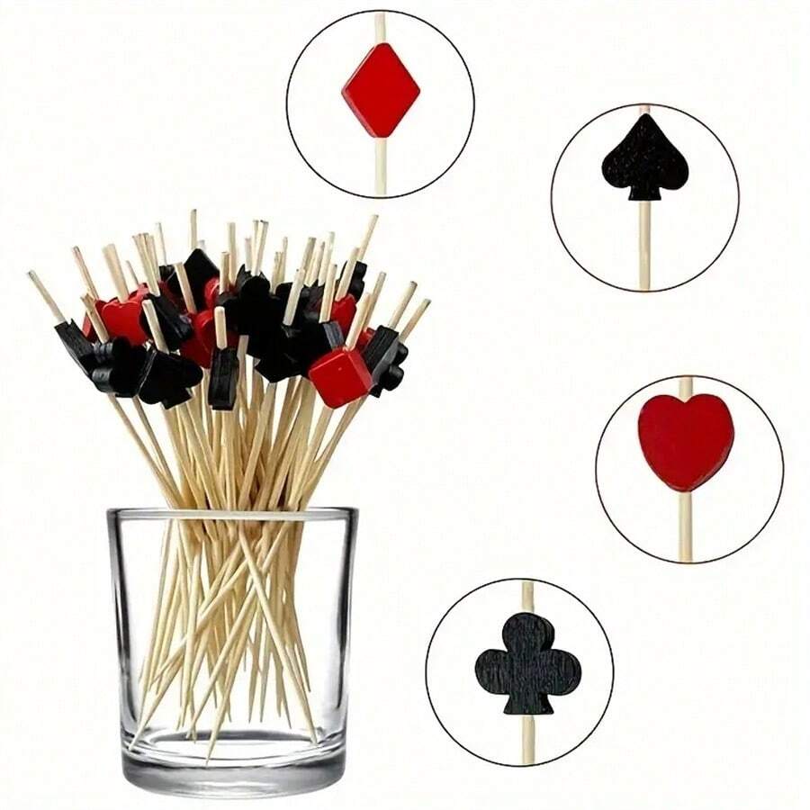 100pcs/Set Poker Fruit Picks, Creative Disposable Bamboo Fruit Cocktail