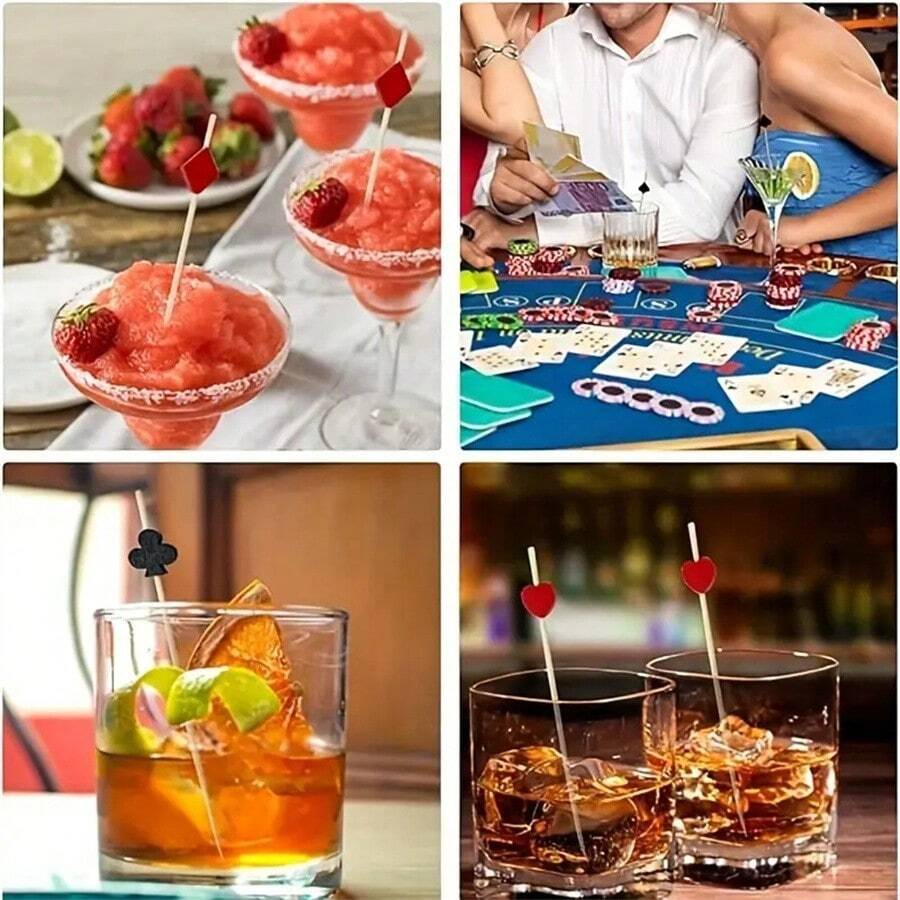 100pcs/Set Poker Fruit Picks, Creative Disposable Bamboo Fruit Cocktail