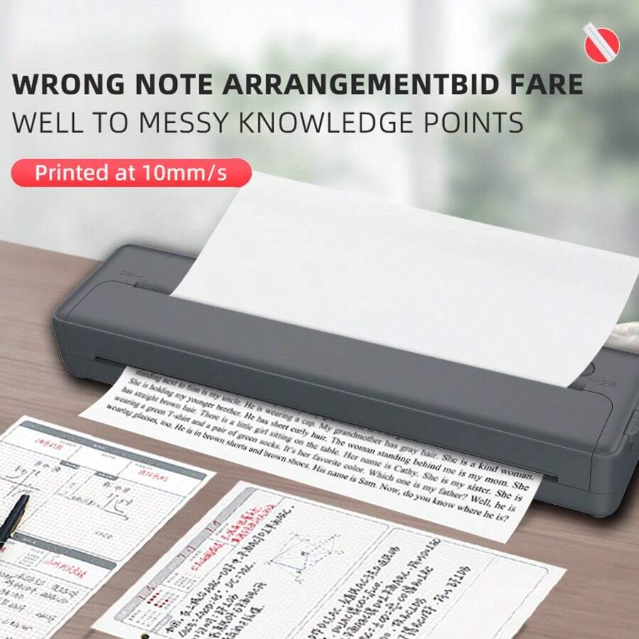 Tragbarer kabelloser Drucker mit 50 Blatt A4 Druckpapier, tintenfreier Thermaldrucker