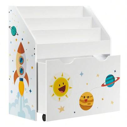 SONGMICS Kids Bookshelf And Toy Organiser, Toy Storage Chest And Bookcase With 3 Shelves, Storage Box With Wheels, Multipurpose, For Children's Room And Playroom, White