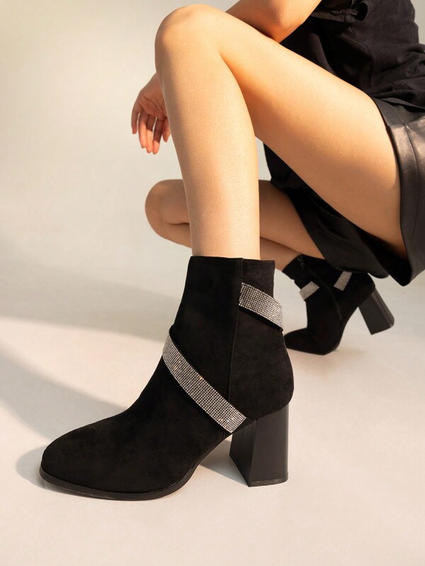 Suede Heeled Ankle Boots With Rhinestone Trim Strap