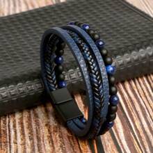 Bracelet tressé fait main pour homme, jonc en acier inoxydable avec perles d'obsidienne naturelle comme ornement