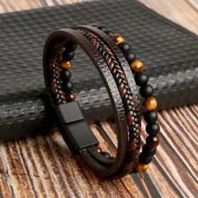 Bracelet tressé fait main pour homme, jonc en acier inoxydable avec perles d'obsidienne naturelle comme ornement