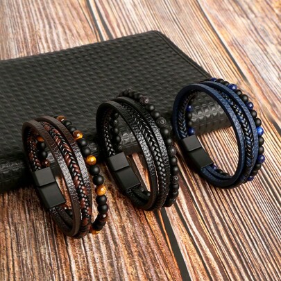 Pulsera tejida a mano para hombres, brazalete de acero inoxidable con adorno de cuentas de obsidiana natural