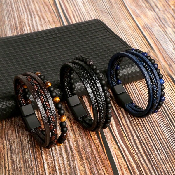 Handmade Woven Bracelet For Men, Stainless Steel Bangle With Natural Obsidian Beads Ornament