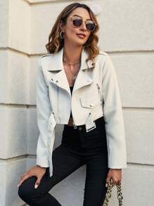 Risissida 女士不对称拉链仿皮机车夹克，可调节腰带，适合春季都市通勤，白色优雅款 - 白色 - 查看 7