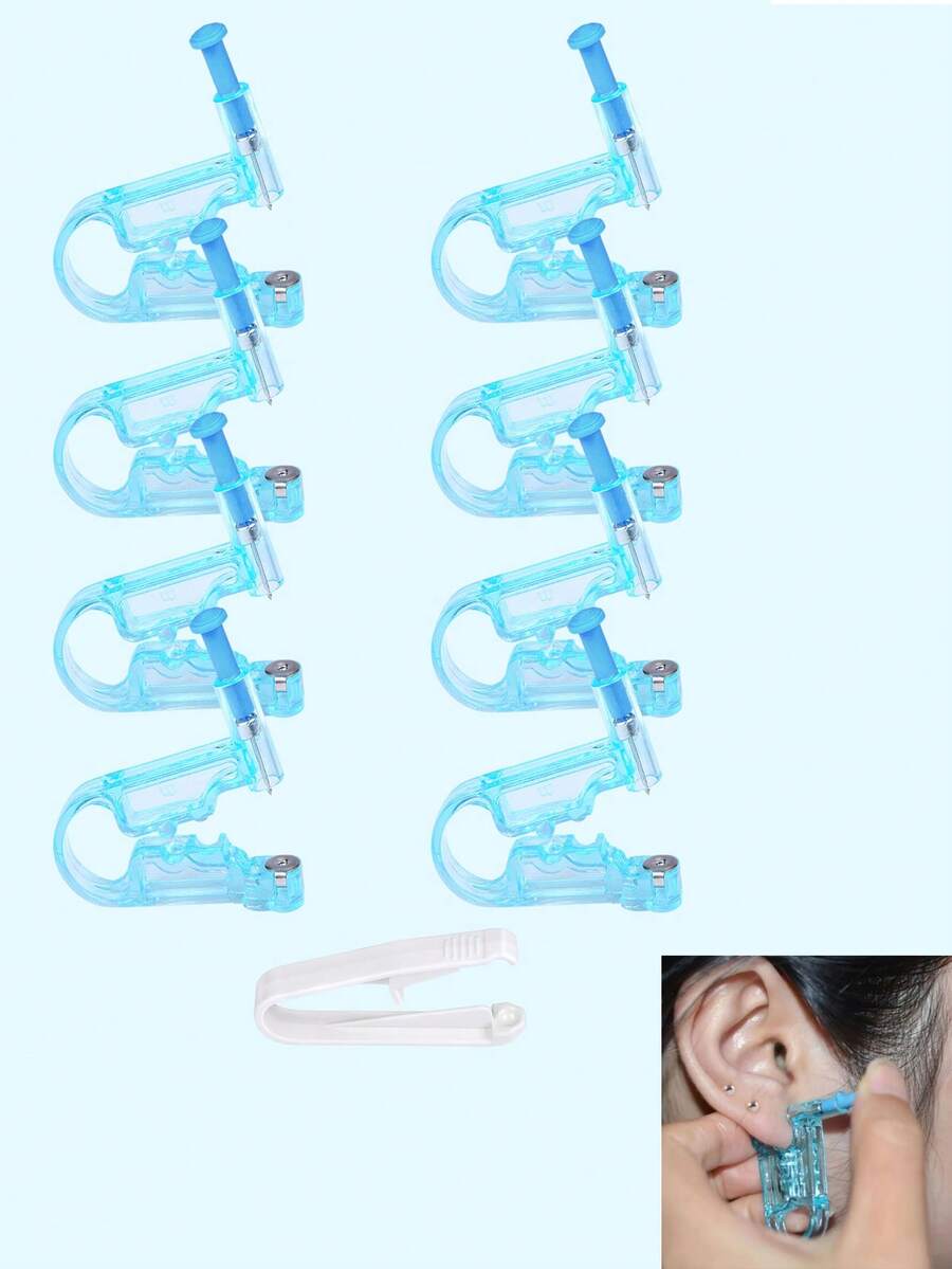 9PCS Self Ear Piercing Kit, Home Piercing Kit Disposable Ear Piercing Gun Kit With Stainless Steel Earring Studs For Pierce Your Own Ears - Blue - View 1