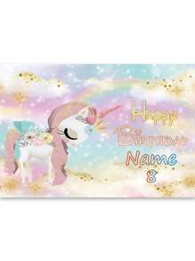 1pc Customized Rainbow Unicorn Happy Birthday Party Decoration Watercolor Floral Glitter Stars Photography Backdrop, Customizable Name And Age