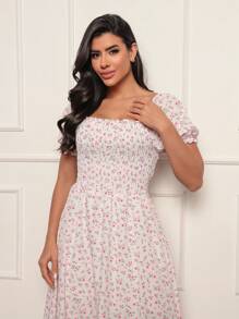 Long Dress With Puffed Sleeves Elastex Print - trắng - Xem 3