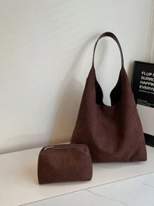 2pcs High Capacity Faux Suede Tote Bag Set For Women, New 2024 Korean Fashion Elegant Casual Commute Shopping Shoulder Bag, Newest Fashionable Suede Bag For Women, Perfectly Matching With Fall Outfits Women Fall Clothes For Women