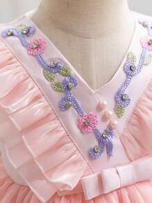 1pc Pink Girls Casual High-End Comfortable Cute Sweet Campus Style Children Fashion Show Host Young Girl Birthday Wedding Princess Party Puff Dress For Spring/Summer/Autumn - Pink - View 4