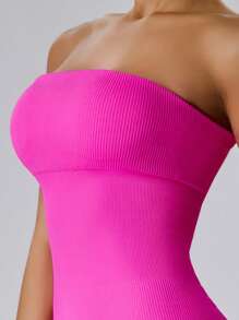 NcmRyu 1 Set Solid Color Seamless Tube Top Bodysuit Women S Slimming Jumpsuit Fitness Apparel Yoga Wear Gym Activewear Stretchable Body Shaper Sleeveless Flare Jumpsuit Comfortable Activewear For Fitness Gym Running And Outdoor Activities - 玫紅色 - 查看 5