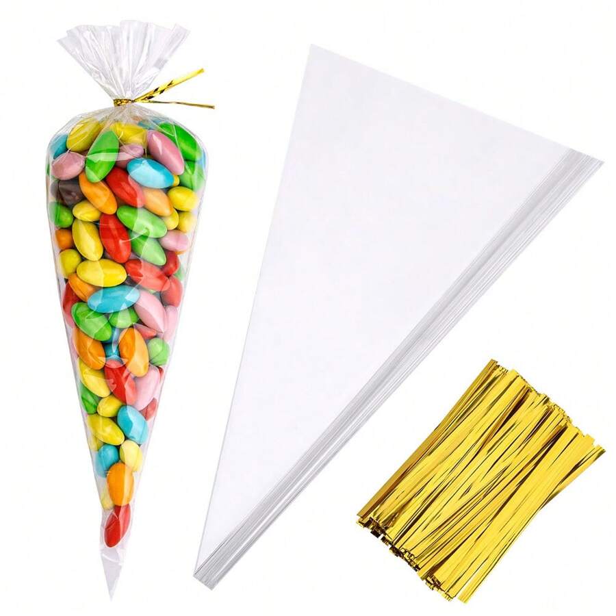 Túi Cellophane hình nón, 200 chiếc 5,12"x9,84" Túi đựng quà hình nón trong suốt Cello có dây buộc xoắn màu vàng, Túi nhựa hình nón Giáng sinh Túi hình tam giác đựng bỏng ngô, kẹo, ngày lễ tình nhân