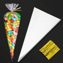 Túi Cellophane hình nón, 200 chiếc 5,12"x9,84" Túi đựng quà hình nón trong suốt Cello có dây buộc xoắn màu vàng, Túi nhựa hình nón Giáng sinh Túi hình tam giác đựng bỏng ngô, kẹo, ngày lễ tình nhân - Trong sáng - Xem 4