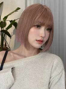 alicegarden 1 片合成耐热、粉色刘海短款 Bobo 直发假发，10 英寸长，纤维制成，时尚假发，自然逼真 - 粉色 - 查看 5